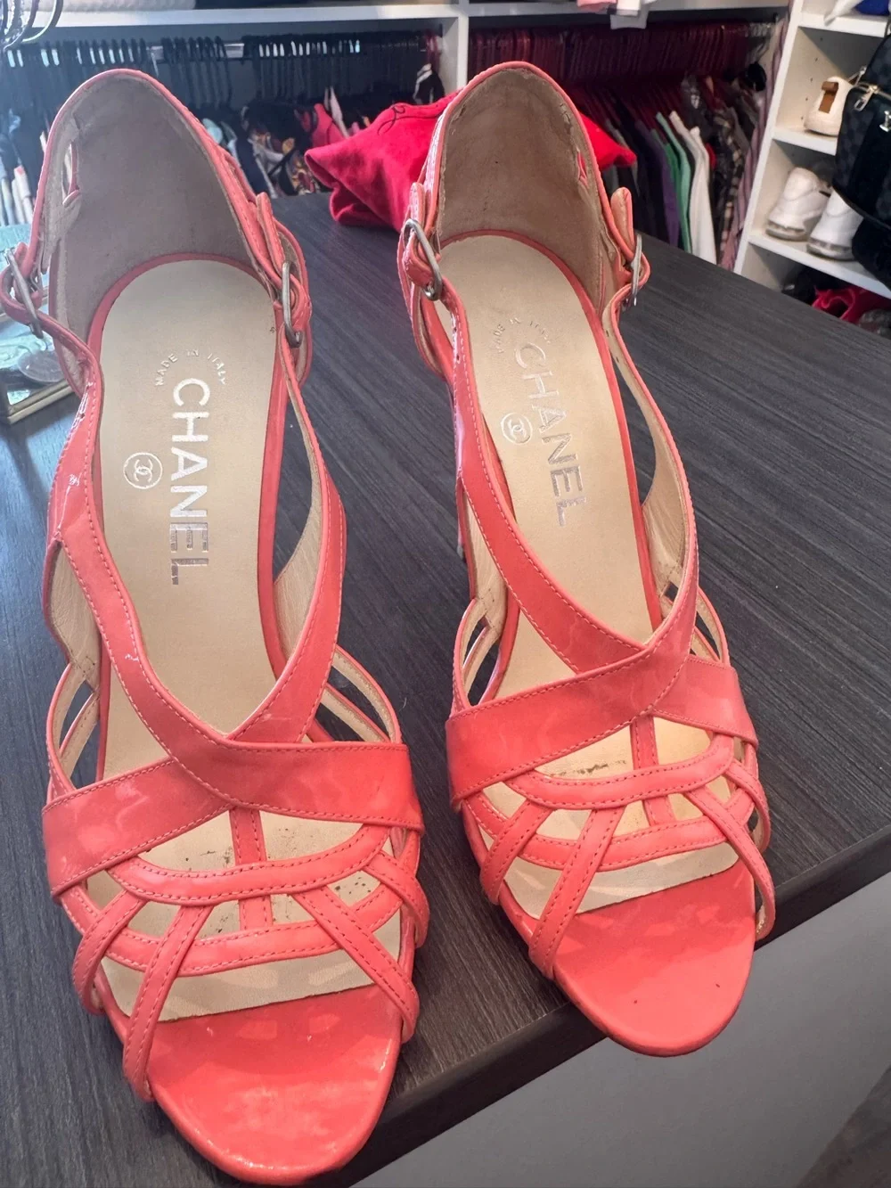 Chanel Women's Coral/Pink Patten Leather Strappy High-Heel Sandals